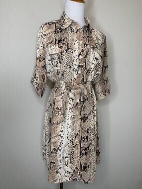 Millenium Snakeskin Brown Cream Shirt Dress Sz Small Preppy Casual